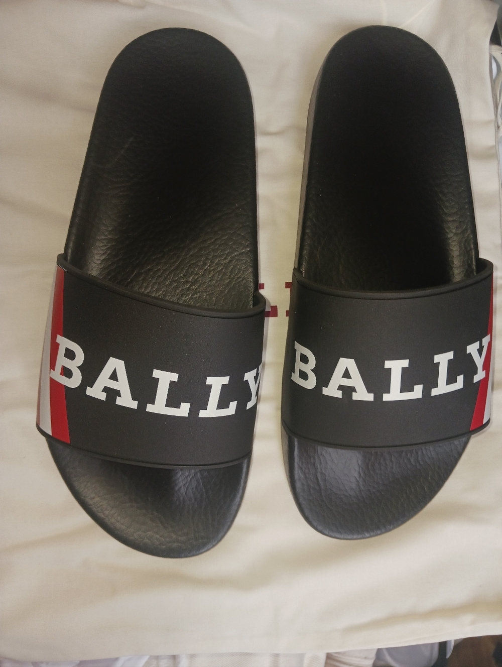 Bally Black Slides with White Logo and Red Stripe